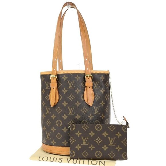LOUIS VUITTON BUCKET PM Shoulder Tote Bag Monogram Leather Brown - Picture 1 of 15